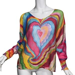 💖 NWT Pomelo Rainbow Heart Batwing Maximalist Knit Sweater Hippie Festival